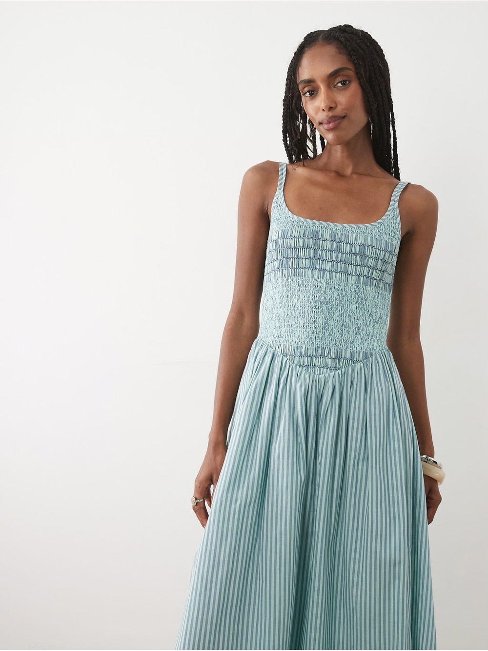 Abercrombie & Fitch Green & Light Blue Striped Smocked Maxi Dress: Sold out